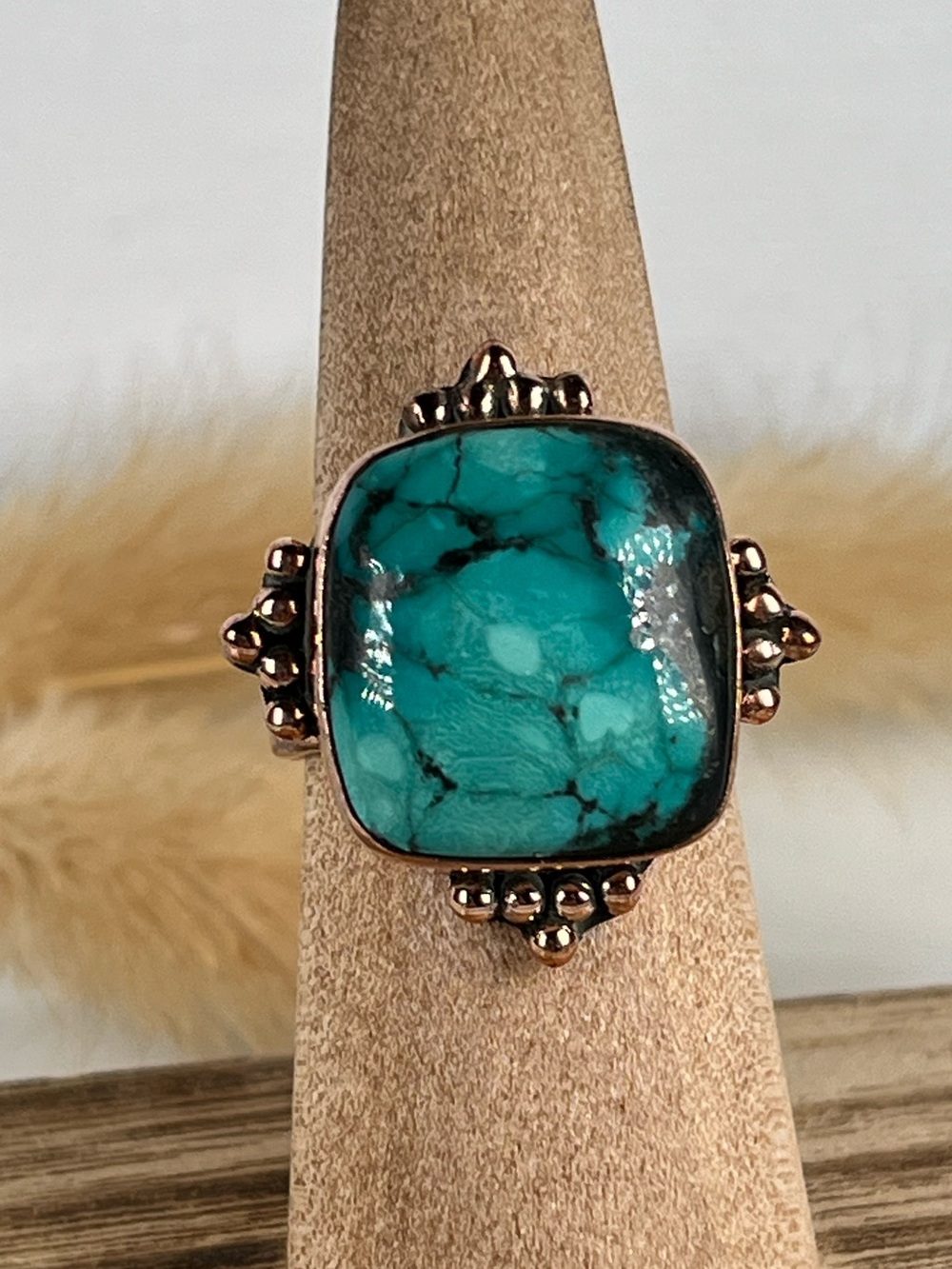 Solid Copper Turquoise Gemstone Ring Size 7 Adjustable